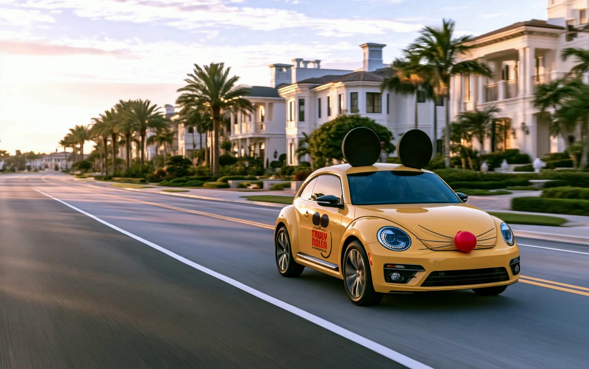 Yellow Truly Nolen mouse car at sunset