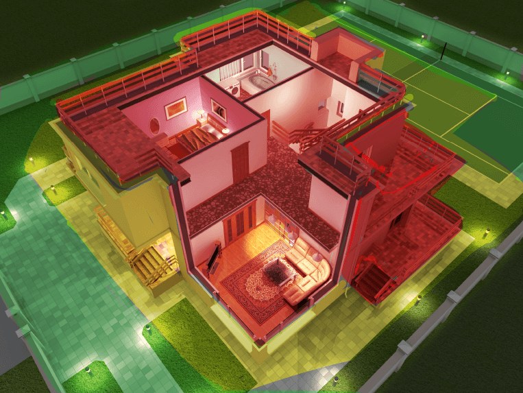 Official TNI diagram of a home showing green outdoor areas, yellow perimeter and red indoor zones